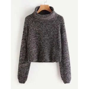 SHEIN Roll Neck Raglan Sleeve Marled Knit Sweater One Size Black & White Women’s